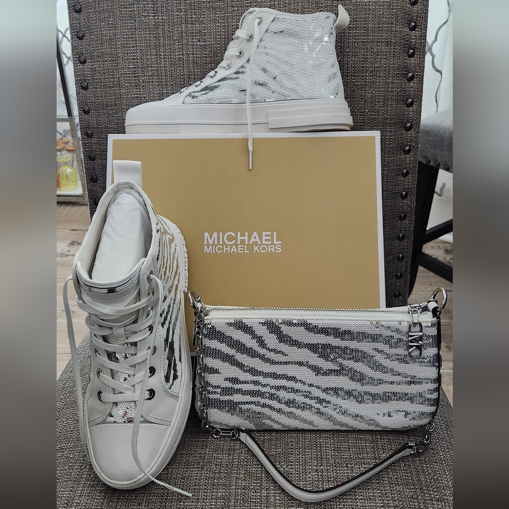 Michael Kors Silver and White Sneakers with Matching Clutch